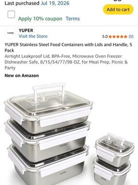 Stainless Steel Food Containers with White Lids & Handle - 5 Pack
